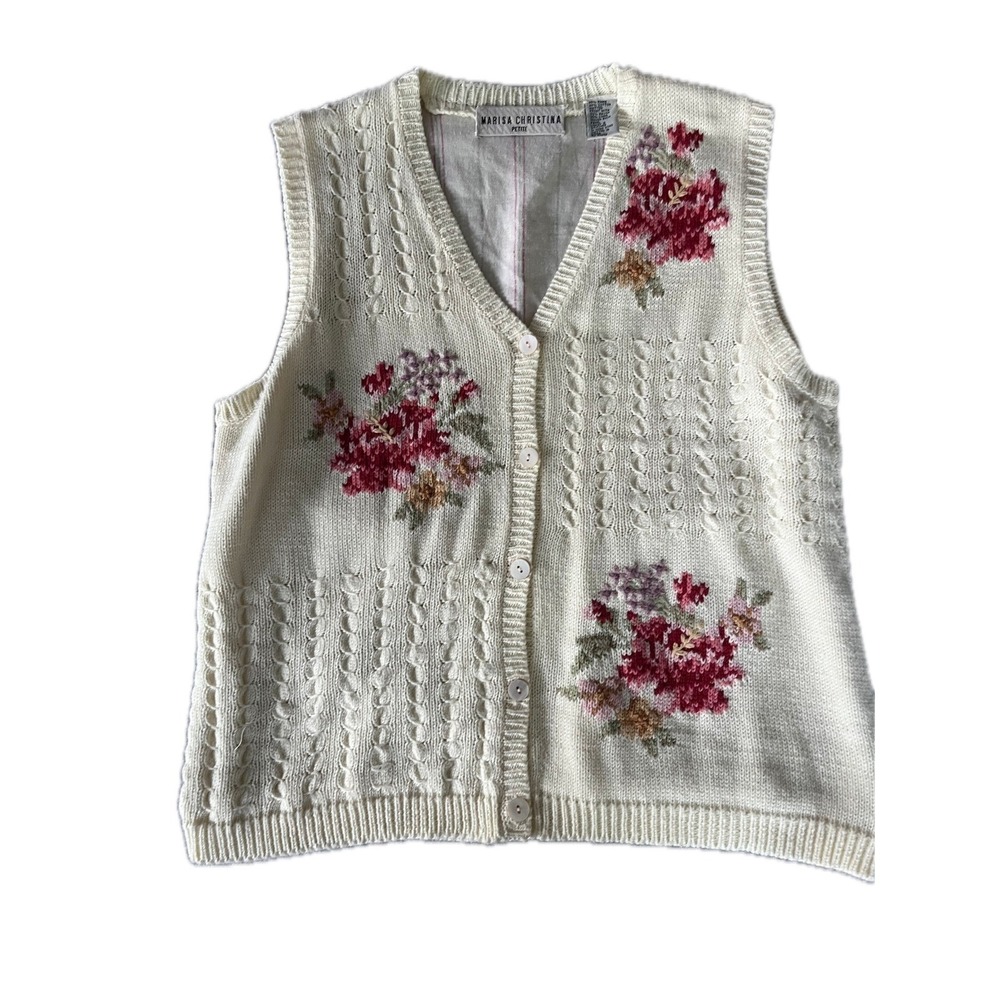 Marisa Christina Vintage Floral Knit Sweater Vest Cottagecore Size S/M